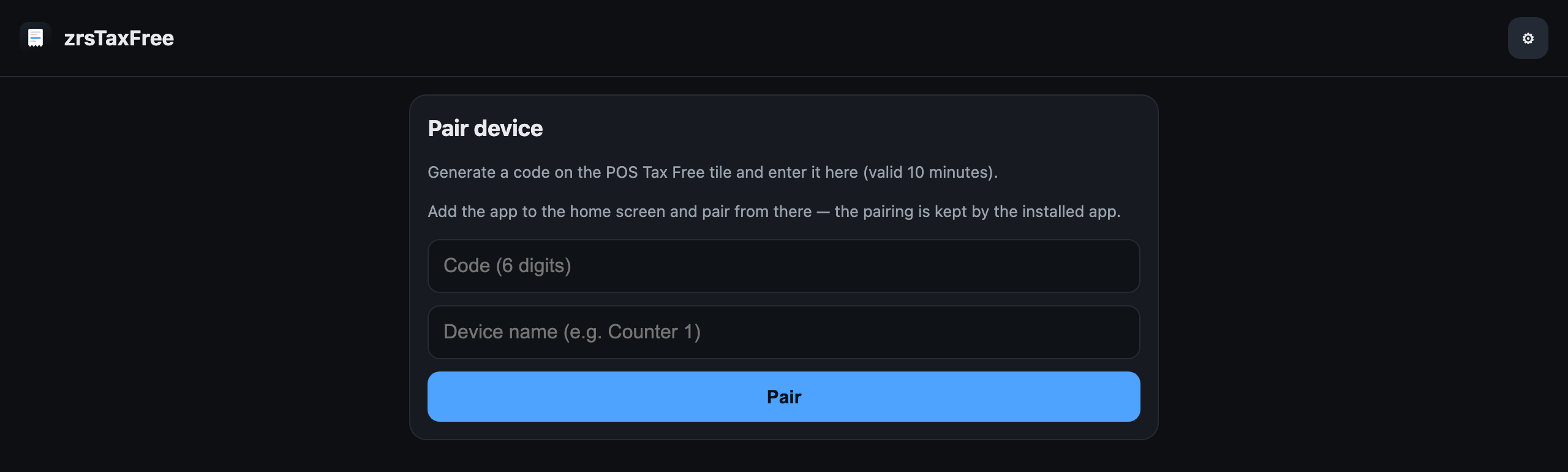 The pairing screen of the tablet app