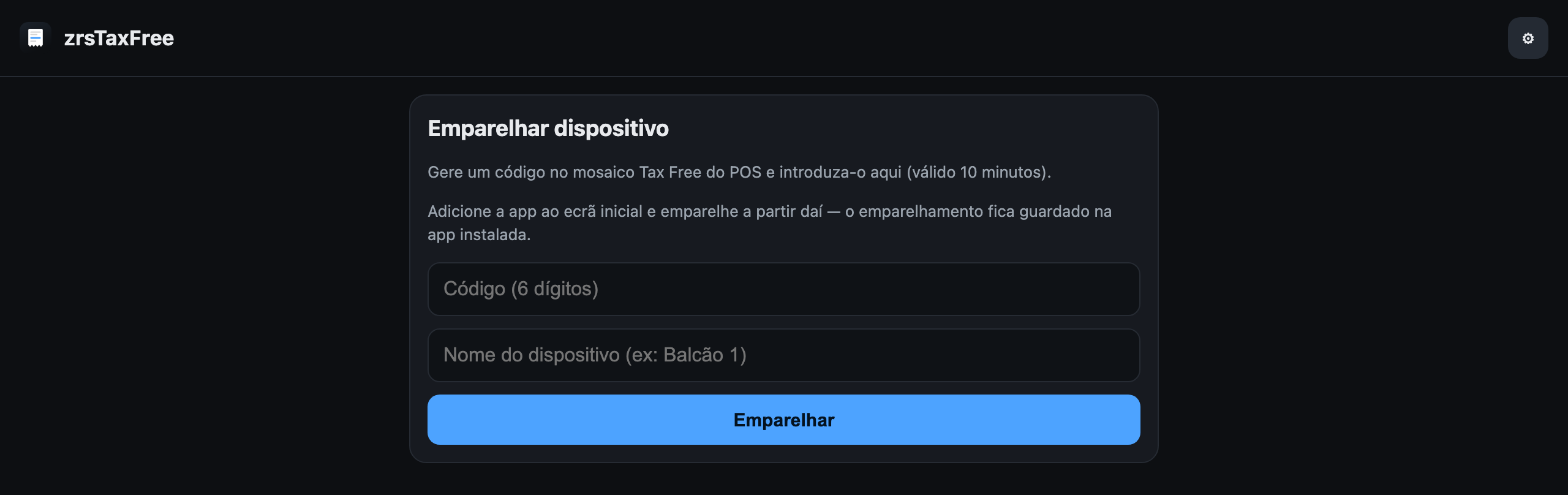 O ecrã de emparelhamento da app do tablet